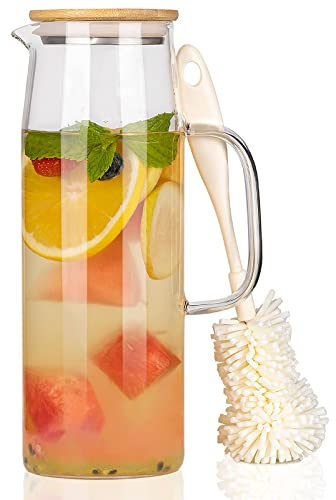 CNNIK 1.5L Carafe Eau Pichet en Verre avec Acier Inoxydable Couvercle Bouteille Verre Borosilicate Carafe Glouglou pour Jus à Whisky Boissons thé Glacé Chaudes et Froides