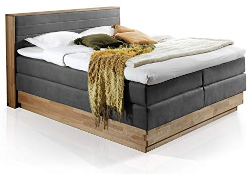 moebel-eins MENOTA Boxspringbett mit Bettkasten, massivem Holzrahmen und Bezug im Vintage Look, 160 x 200 cm, grau, Härtegrad 2+4