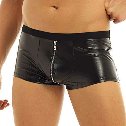 Yeahdor Herren Wetlook Shorts Kunstleder Boxershorts Slim Fit Slip Glänzend Low Rise Trunk mit Reißverschluss Dessous Unterwäsche A Schwarz A M