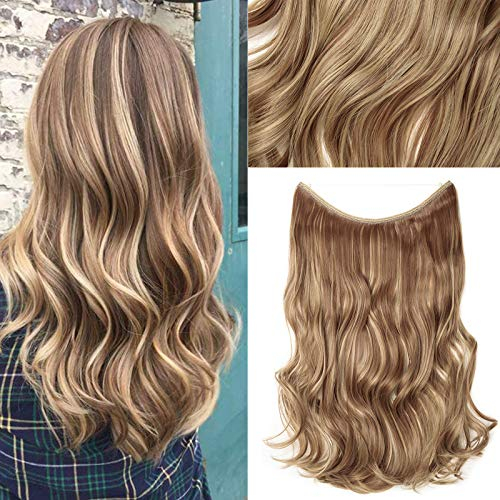 Silk-co Haarverlängerung mit Gummiband, Einstellbar Secrets Haarteil Synthetik, Extensions mit Schnur unsichtbar, Gewellt Extensions für Frauen, Hellbraun mix Blond, 50cm