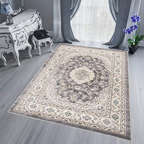 TAPISO Dubai Teppich Kurzflor Klassisch Orientalisch Creme Grau Floral Ornament Bordüre Design Wohnzimmer Schlafzimmer Meliert ÖKO-TEX 250 x 350 cm