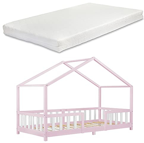 [en.casa] Letto per Cameretta Letto Singolo a Forma di Casetta con Barriera di Protezione per Bambini Struttura in Legno di Pino Materasso a Schiuma Fredda 90x200 cm Rosa/Bianco