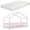 [en.casa] Kinderbett Treviolo mit Matratze 90x200cm Hausbett Holzbett für Kinder mit Rausfallschutz Bettgestell mit Lattenrost Spielbett Kiefernholz Rosa/Weiß