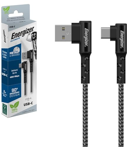 Energizer - Câble USB-C Coudé à 90° - Extra-long (2 m) - En Nylon Tressé - Idéal pour les Gamers - Noir