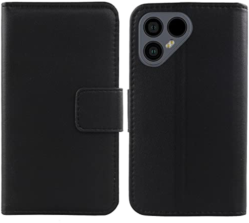 Gukas Echt Leder Tasche Für Fairphone 4 6.3 Hülle Handy Flip Lederhülle Handyhülle Brieftasche Kartenfächer Schutz Premium Case Cover Etui (Schwarz)