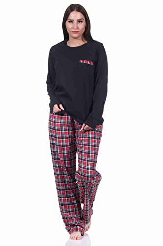 Damen Flanell Schlafanzug Pyjama Set lang mit Flanell Hose und Jersey Oberteil