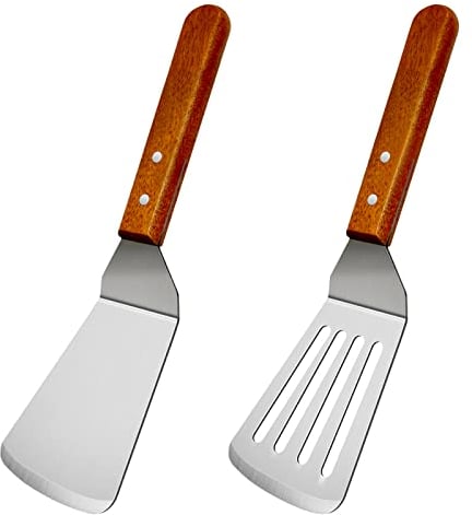 KLAQQED 2Pcs Metal Spatulas Set, Metal Spatula for Cast Iron Skillet, Cooking Utensils Fish Egg Grill Spatula Stainless Steel Slotted Spatula, Wok Flat Top Small Metal Spatula Turner with Wood Handle