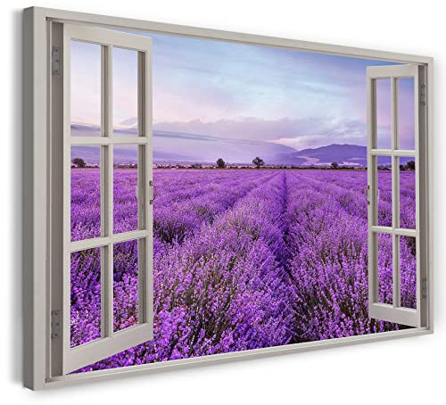 Printistico Bilder Fensterblick 100x70cm Baumwoll-Leinwand auf Keilrahmen mit Aufhänger moderner Kunstdruck XXL Wandbilder Wand-Dekoration Blumenfeld Violet Berge Himmel - Natur-Fotografie