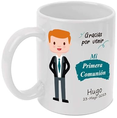 Taza Personalizada con nombre y fecha. Regalo Original para comunión. Gracias por venir. Mi primera comunión. Capacidad 350 ml. (Comunión niño)