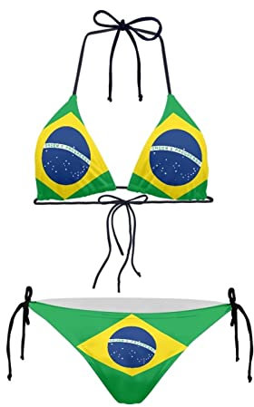 Dremagia Women Two Piece Swimsuit Sexy Swimwear Halter String Triangle Bikini Sets, Brazilian Flag, Large