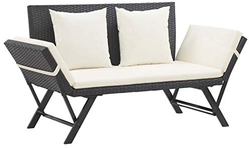 Keketa Gartenbank mit Auflagen Sonnenliege Sitzbank Gartenliege Liege Gartenbank Balkonbank 2-in-1 Tagesbett Beide Seiten sind Verstellbar 176 cm Schwarz Poly Rattan