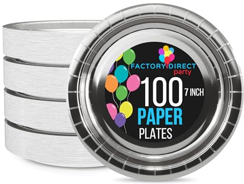 Exquisite Platos de papel plateados desechables resistentes de 7 pulgadas, platos desechables plateados para fiestas, 100 unidades, platos de papel resistentes de 350 g/m², juego de platos para