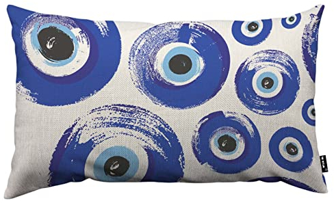 TKS MITLAN Runde türkische Auge-Kissenbezüge, 30,5 x 50,8 cm, blau, türkisches Fatima-Auge, Zeichen des Schutzes, Türkei, dekorative Überwurf-Kissenbezüge, Leinen-Kissenbezug für Sofa, Couch