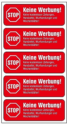 5 x Brandengel® Keine Werbung Aufkleber - Schild rot extra Starke Folie - Sticker (Stop Keine Werbung ! Keine Kostenlose Zeitung, Handzettel, Wurfsendungen und Wochenblätter) für den Briefkasten 5 St