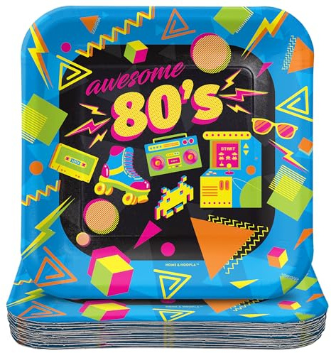 HOME & HOOPLA 80's Party Supplies - Totally Awesome 1980's Icons Square Paper Dessert Plates for 16 Guests