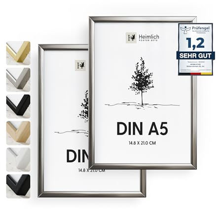 Heimlich® - Bilderrahmen - A5 14,8x21 cm, Aluminium, Silber, 2er-Pack - Diplom-Poster-Collage-Rahmen mit Folienabdeckung - Wandmontage oder Tischaufsteller