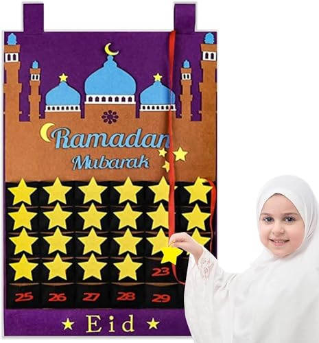 Felt Ramadan Calendar, Eid Mubarak Countdown Kalender, 2024 Ramadan Kalender Dekorationen, Wandkalender 30 Tage Kalender mit Taschen, Ramadan Mubarak Adventskalender für Kinder Eid Mubarak Party