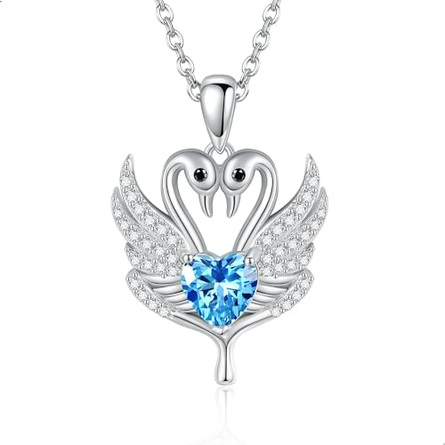 Schwan Kette 925 Sterling Silber Blau Herz Zirkon Wishbone Schwan Anhänger Halsketten Zwei Schwan Schmuck Geschenke für Damen Frauen Mädchen Freundin Ehefrau Schwan Liebhaber