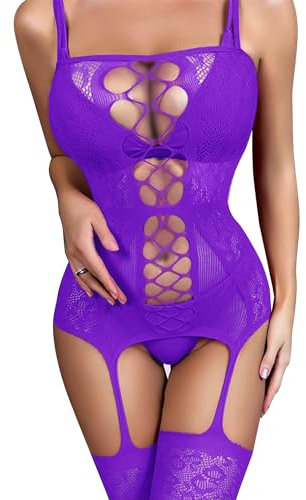 NLAND Lingerie da Donna Body Sexy in Pizzo Camicia da Notte Giarrettiera Mini Abito con Calze Donna Slim Bodysuits (Viola)
