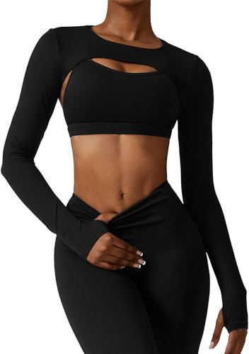 Adigau Outerwear Women Shrug Long Sleeve Crop Top Outerwear with Thumb Holes Quick Dry Breathable Wearproof Comfortable Stretchy Round Neck Sport Shrug for Yoga Workout Black M