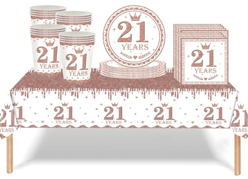 53Pcs Rose Gold 21st Birthday Party Tableware Decorations, Table Cloth Plates and Napkins Cups Sets for Girls Birthday Table Decorations, Dinnerware Supplies