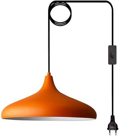 bamyum Champion Hängelampe Orange mit Stecker 35 cm, Pendelleuchte mit Stecker, Hängeleuchte Metall mit 450 cm Kabel Schalter EU Stecker, Steckdosenlampe, Küchenlampe Orange, Hängelampe Orange