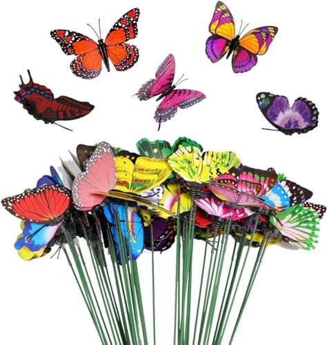 FANGZHE 50PCS Garden Butterflies Stakes, Colorful Garden Decorative Stakes, PVC Waterproof & Durable, Vibrate in Breeze, Multi-Angle Display, Indoor/Outdoor Use