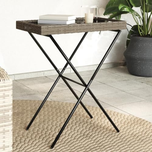 CIADAZ Grauer Rattan-Gartentisch, 65x40x75 cm, Balkontisch, Beistelltisch, Outdoor, Wasserfest, Klappbar