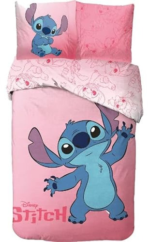 anemone Bettwäsche Stitch, Bettbezug Disney, 140 x 200 cm + Kissenbezug 65 x 65 cm, 100 % Baumwolle (Rosa)