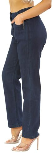 UK Dispatch Womens Side Elastic Waist Jeans Straight Leg Regular Fit Short 27 Leg Petite,28,Dark Blue