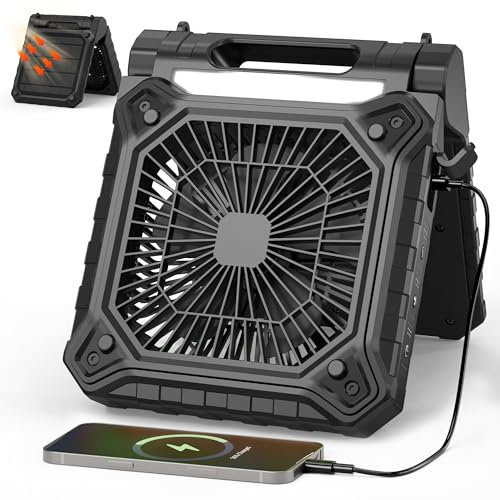 KITWLEMEN 10.2 Inch Solar Camping Fan with Light- Rechargeable Battery Operated Fan, 38H Run Time, 3 Speed, 6H Timer, SOS Signal, Portable Desk Fan for Camping Fishing RV Trips Hurricane Power Outage