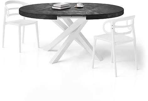 Table ronde extensible moderne avec plateau effet béton et base noire avec pieds croisés blancs - Fabriquée en Italie