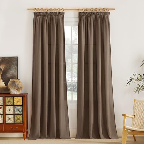 PONY DANCE Leinen Vorhang Wohnzimmer Gardinen mit Kräuselband 2er Set H 245 x B 140 cm Leinenoptik Gardinen Halbtransparent Boho Vorhänge Schlafzimmer für Schienen Leinengardine, Braun