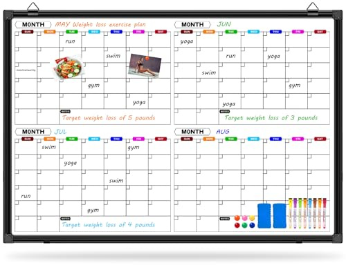 CALENBO 4-Monatskalender für die Wand, trocken abwischbar, 91,4 x 61 cm, magnetischer Kalender, Whiteboard mit schwarzem Aluminiumrahmen, magnetische Whiteboard-Kalender für Büro, Zuhause und Schule