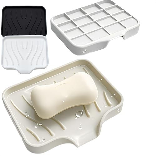 2 jabonera de silicona antideslizante con evacuación, soporte para jabón de ducha y baño, diseño práctico para cocina y baño (blanco negro)