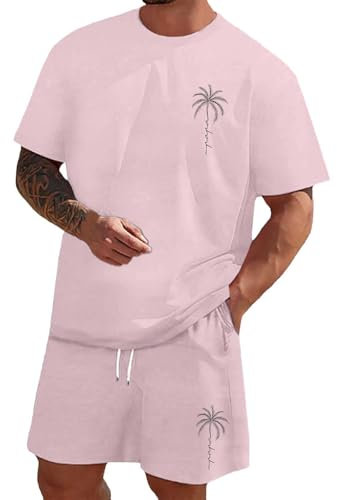 Generisch Survêtement 2025 pour homme - T-shirt + short - 2 pièces - Pour l'été - Respirant - Pour la plage, Rose, L