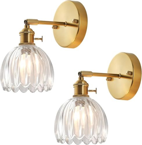 DLGLOLIN Lots de 2 Applique Murale Fleur Vintage Laiton Doré et Verre avec Interrupteur Lampe Murale Vintage E27 Luminaire Murale pour Salle de Bain Chambre Salon Cuisine