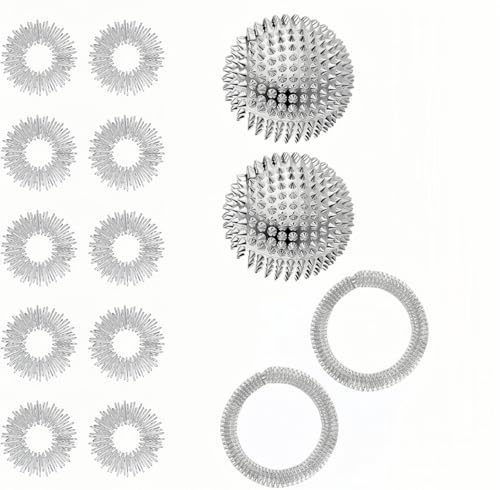 Heyumybit 2 Magnetic Massagebälle & 10 Akkupressurringe,2 Massage-armbänder,Magnetische Igelbälle,Akupressur Ringe Set,Akupressurring Finger Massageringe für Stressball Relief(Silber)