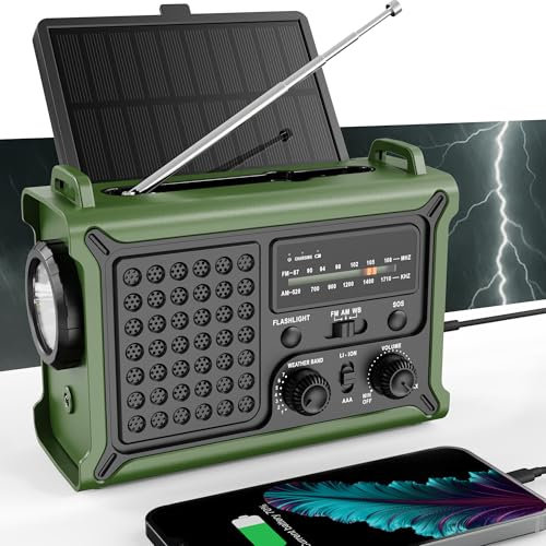 Radio météo d'urgence avec énergie solaire et manivelle - AM/FM/NOAA, lampe de poche LED, lampe de lecture, chargement USB et SOS - équipement de survie pour pannes de courant et tempêtes