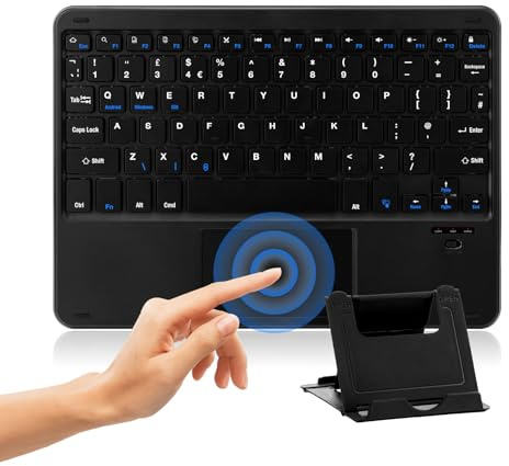 MAYPHY Mini tastiera wireless con touchpad, tastiera Bluetooth portatile, tastiere ricaricabili per iPad, tablet, laptop, tasti silenziosi e design compatto, layout UK, nero
