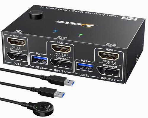 USB 3.0 HDMI + DisplayPort Switch KVM 2 PC 2 Monitor 4K@60Hz 2K@120Hz, MLEEDA KVM Switch Dual Monitor con 4 Porte USB 3.0 per Tastiera, Mouse, Dotato Telecomando Cablato e Cavi