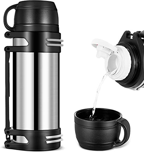 Flask for Hot Drinks, 2L Stainless Steel Thermal Bottle with Cup, Large Capacity Vacuum Insulated Flask Leakproof Hot Water Bottle with Adjustable Handle for Outdoor Travel Hiking Camping