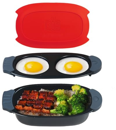 MKYSAIL Quick-Heat Microwave Egg Cooker and 33 OZ Microwave Grill Combo | 2-Piece Breakfast Maker Set for Grilling, Frying, Crisping Meat, Bacon, Pancakes & Veggies | Dishwasher Safe & Non-Stick for Kitchen RV, Dorm, Office(Red)