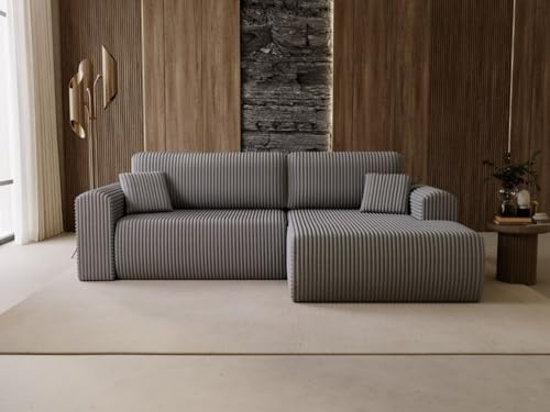 GRAINGOLD Belvio Ecksofa 257x177 cm, L-Form Sofa, Schlafcouch für Wohnzimmer, Velour, 3-Sitzer Eckcouch, Modernes Design (Dunkelgrau, Rechts)