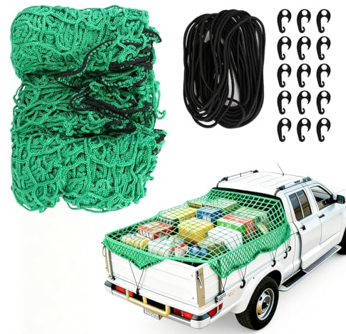 LUKYLUM Cargo Net for Pickup Truck, 2.5x3.5m, Green | Safety Trailer Net, Heavy Duty Cargo Netting,for Lorry Truck Bed, Luggage Net Bungee Net,15 Hooks Included, 10M Elastic Cord