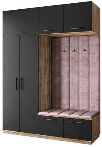 Masseno Flugarderoben Set Rema, Kleiderschrank-Set mit Sitzbank, Garderobenschrank Flur mit 5 Regalböden, Eiche Lefkas/Schwarz