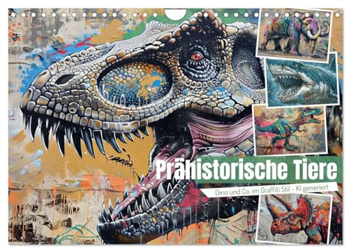 Prähistorische Tiere (Wandkalender 2026 DIN A4 quer), CALVENDO Monatskalender: Ausgestorbene Tierarten im coolen Graffiti Stil - KI generiert (CALVENDO Tiere)