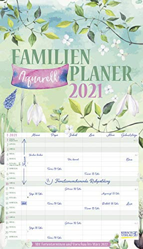 Familienplaner Aquarell 2021: Familienplaner, 6 große Spalten. Mit Ferienterminen, extra Spalte und Vorschau bis März 2022 und vielem mehr. Format: 27 x 47 cm