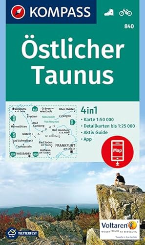 KOMPASS Wanderkarte Östlicher Taunus: 4in1 Wanderkarte 1:50000 mit Aktiv Guide und Detailkarten inklusive Karte zur offline Verwendung in der ... (KOMPASS-Wanderkarten, Band 840)