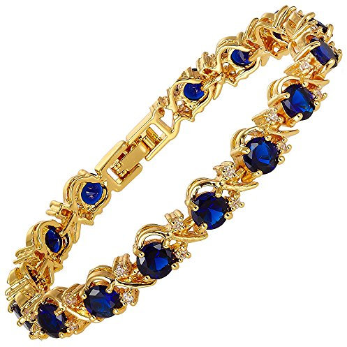 RIVA Blume Tennis Armband [18cm/7inch] mit Rundschliff Edelstein Zirkonia CZ [Blau Saphir] in 18K Gelbgold Vergoldet, Einfache Moderne Eleganz